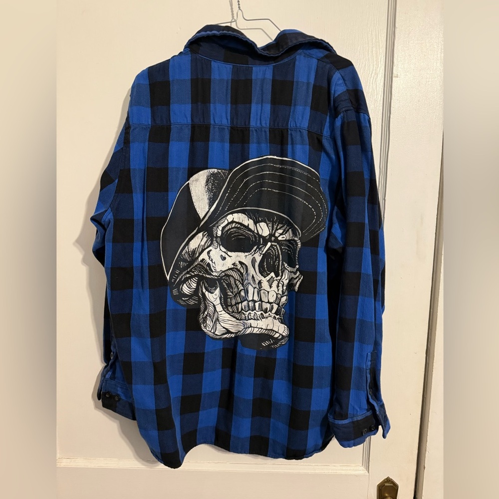 Hot Leathers Mens XXL Blue Flannel Heavyweight Shirt Buffalo Plaid Skull - Picture 4 of 4